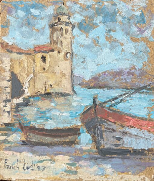 French Impressionist Oil Painting of Boats by a Coastal Tower
