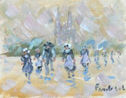 French Impressionist Oil Painting of Breton Women Leaving Church in Quimper