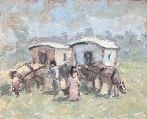 French Impressionist Oil Painting of Horses and Caravans in Pastoral Scene