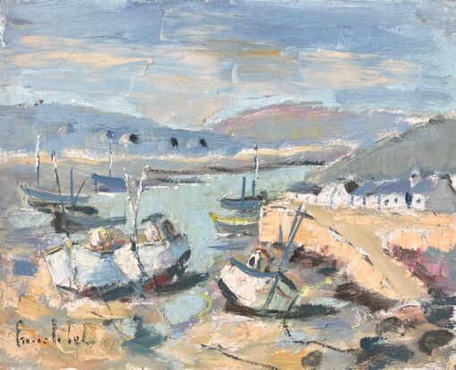 French Impressionist Oil Painting of Boats in a Coastal Harbour