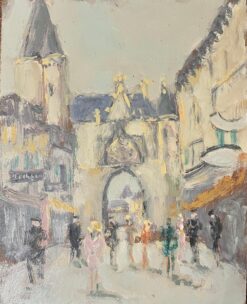 French Impressionist Oil Painting of Village Scene with Gothic Architecture