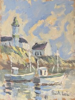 French Impressionist Oil Painting of Boats and Lighthouse on a Rocky Shore