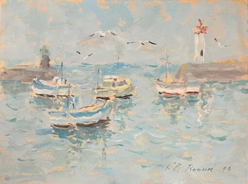 French Impressionist Oil Painting of Boats and Lighthouse in a Calm Harbour