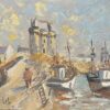 French Impressionist Oil Painting of a Coastal Village with Boats Docked