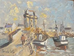 French Impressionist Oil Painting of a Coastal Village with Boats Docked