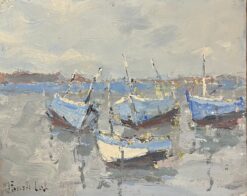 French Impressionist Oil Painting of Boats Moored in a Tranquil Harbor