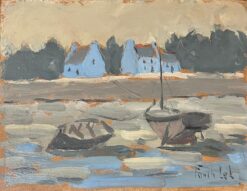 French Impressionist Oil Painting of Boats Resting in Front of Coastal Cottages