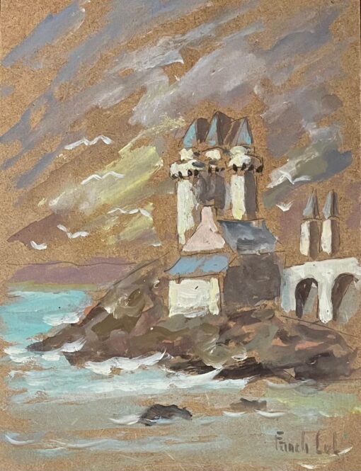French Impressionist Oil Painting, Coastal Architecture with Turrets and Seagull