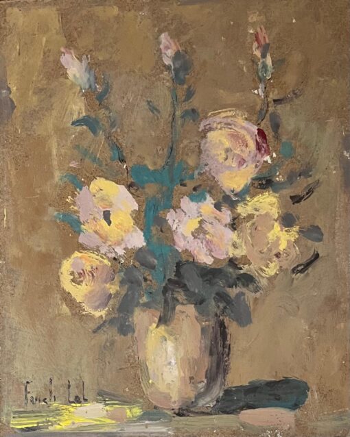 French Impressionist Oil Painting of Pink and Yellow Roses in a Vase