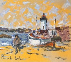 French Impressionist Oil Painting of a Boat and a Fisherman Near a Lighthouse