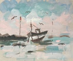 French Impressionist  Acrylic Painting of a Solitary Boat at Low Tide