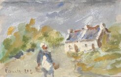 French Impressionist Acrylic Painting of a Farmer near a Cottage