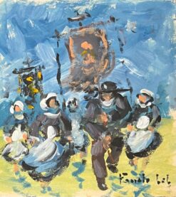 French Impressionist Oil Painting of Breton Family Celebration under a Blue Sky