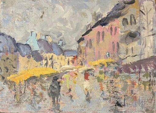 French Impressionist Oil Painting of Market Day in the Village with Figures