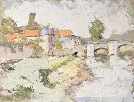 French Impressionist Oil Painting of Riverside View of Saint-Savin-sur-Gartempe