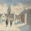 French Impressionist Oil Painting of Village Scene with Strolling Figures