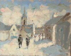 French Impressionist Oil Painting of Village Scene with Strolling Figures
