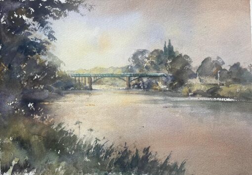 British Impressionist Watercolor of Scenic Riverside Bridge