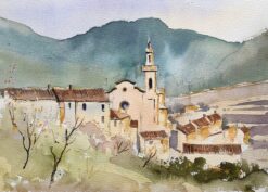 British Impressionist Watercolor of Idyllic Mountain Village