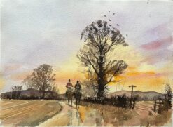 British Impressionist Watercolor of Riders on Country Path at Sunset