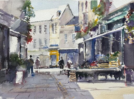 British Impressionist Watercolor of Bustling Market Street with Flower Stalls