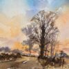 British Impressionist Watercolor of Country Path at Sunset with Silhouetted Tree