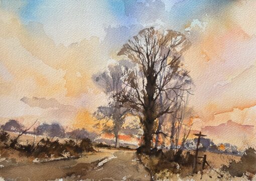 British Impressionist Watercolor of Country Path at Sunset with Silhouetted Tree