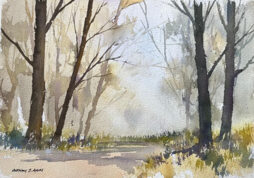 British Impressionist Watercolor of Misty Woodland Path