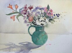 British Impressionist Watercolor Still Life of Floral Arrangement in Green Jug