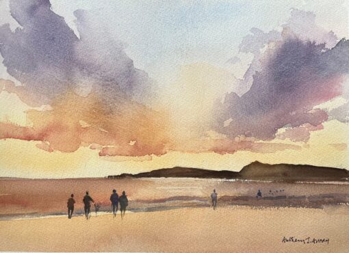 British Impressionist Watercolor of a Figures on the Shore at Sunset