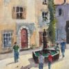 Impressionist Watercolor of French Village Scene with Fountain and Boules Player