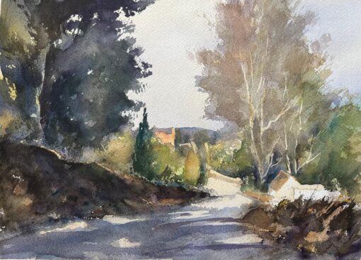 British Impressionist Watercolor of Shaded Woodland Path with Sunlit Openings
