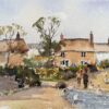 British Impressionist Watercolor of Village Stroll by the River with Geese