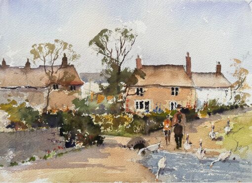 British Impressionist Watercolor of Village Stroll by the River with Geese
