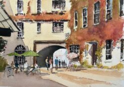 British Impressionist Watercolor of Afternoon Courtyard Scene with Figures