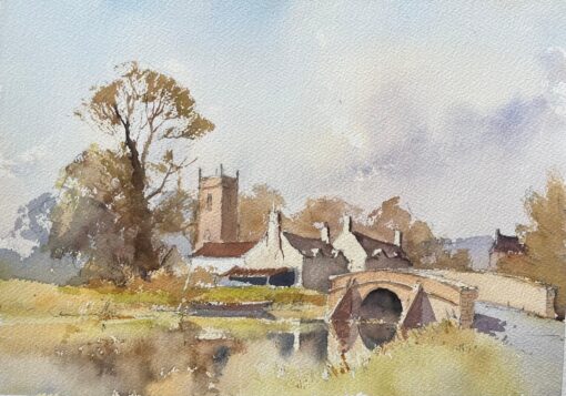 British Impressionist Watercolor of Riverside Village Scene with Church