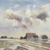 British Impressionist Watercolor of Farmstead Beneath a Vast Sky