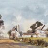 British Impressionist Watercolor of Countryside Farmhouses in Pastoral Landscape