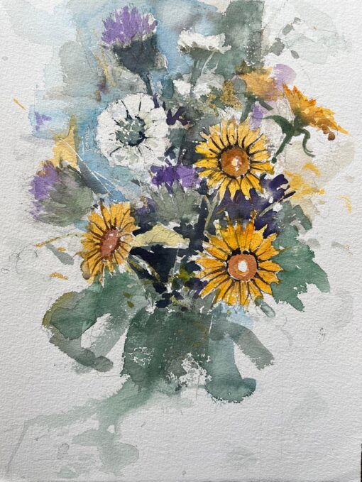British Impressionist Watercolor of a Vibrant Wildflower Bouquet