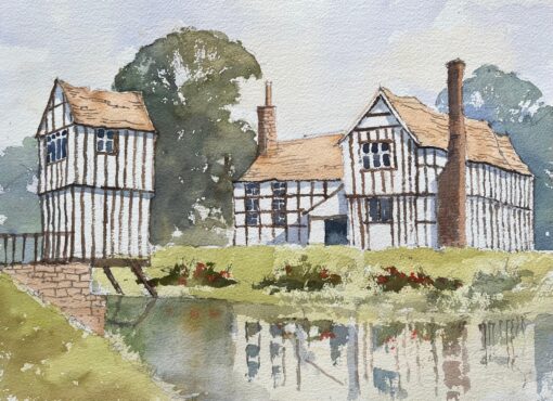 British Impressionist Watercolor of a Tudor-Style Manor by a Tranquil Pond