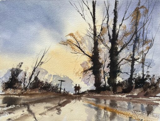 British Impressionist Watercolor of a Figures on a Country Road at Sunset