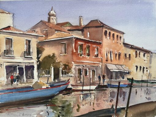 British Impressionist Watercolor of Venetian Canal Scene with Colourful Facades