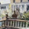 British Impressionist Watercolor of Garden Terrace with Classical Statue