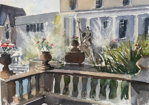 British Impressionist Watercolor of Garden Terrace with Classical Statue