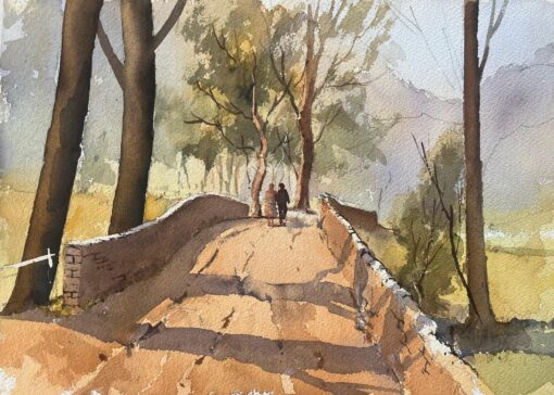 British Impressionist Watercolor of Countryside Walk Over a Stone Bridge