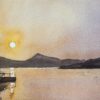 British Impressionist Watercolor of Sunset Over Tranquil Lake
