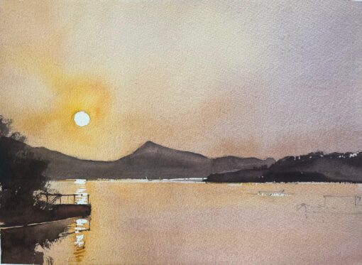 British Impressionist Watercolor of Sunset Over Tranquil Lake