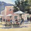 British Impressionist Watercolor of a Sunlit European Café Scene