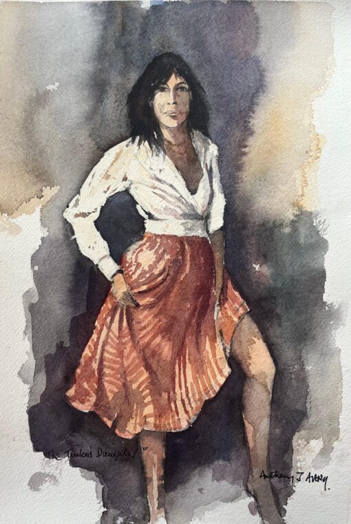 British Impressionist Watercolor of a Woman in Red Skirt - The Tinker's Daughter