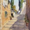 British Impressionist Watercolor of Sunlit Stone Alleyway with Cypress Trees